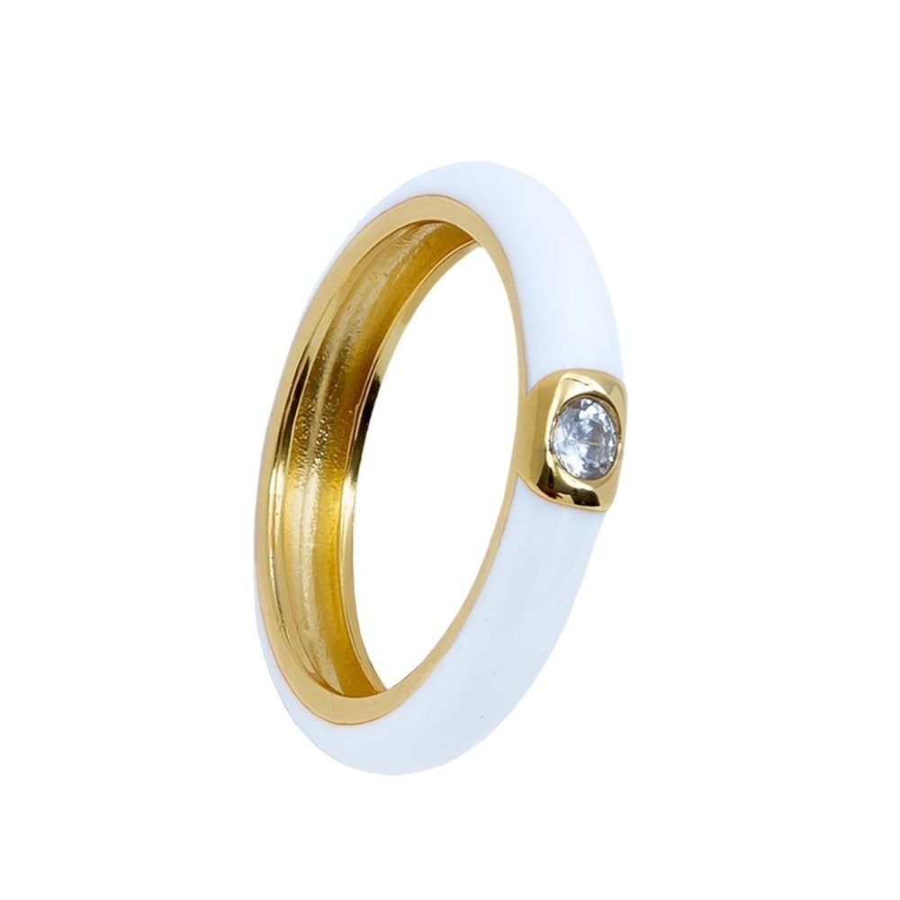 🤍 White Enamel Gold Gem 925 Sterling Silver Ring